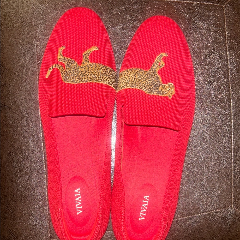 Vibrant Red Suede Flats with Gold Embellishment